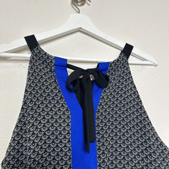 ICE Black Blue and White Elastic Waist Tie Back Handkercheif Hem Dress 12 - Picture 8 of 11